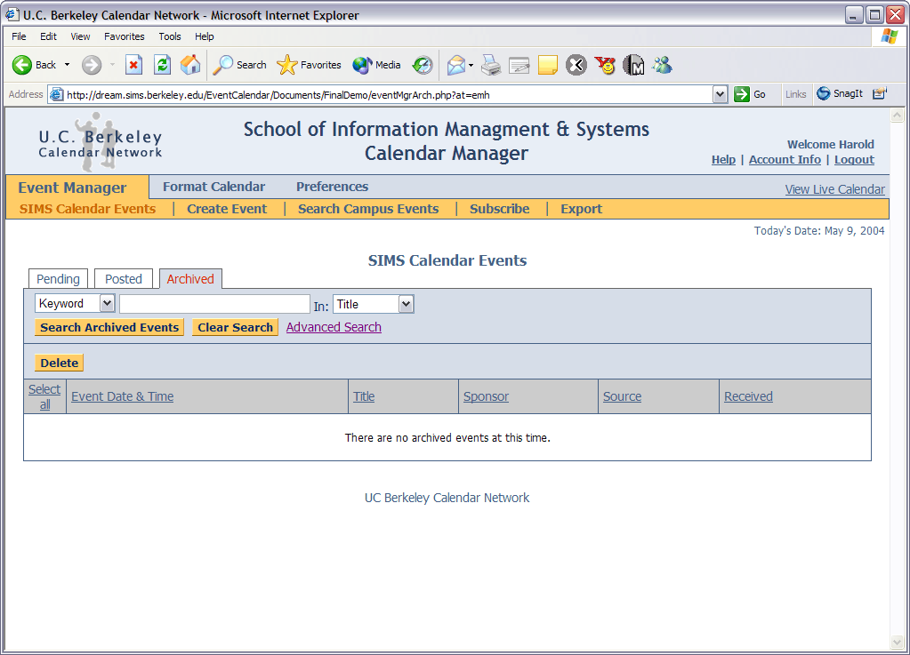 Calendar Events Page - Archived Tab