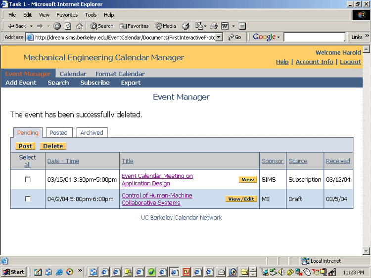Event Manager - Pending (with Delete Confirmation Message)