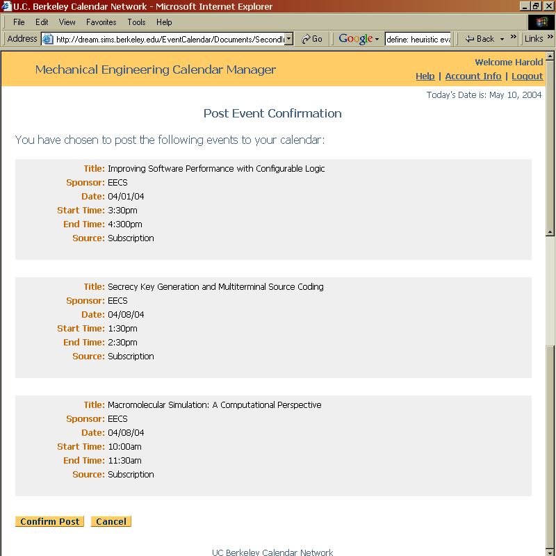 Multiple Event Posting Confirmation
