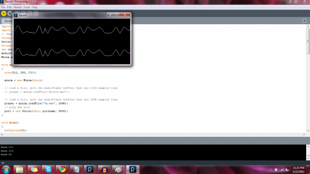 Screen Shot with the Processing window showing the audio wave of the sound being played