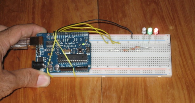 Arduino Board with 3 LEDs attached.